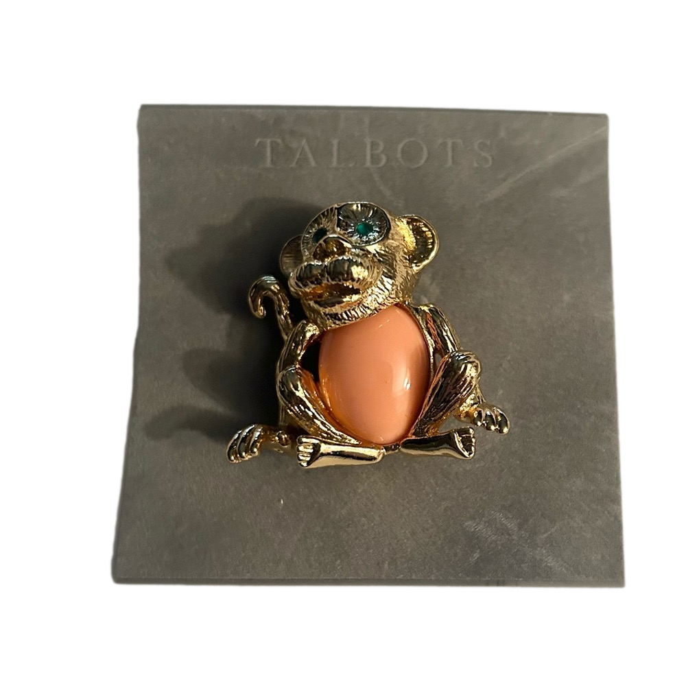 Talbots Gold-Tone Monkey Brooch with Coral Center and Green Eye